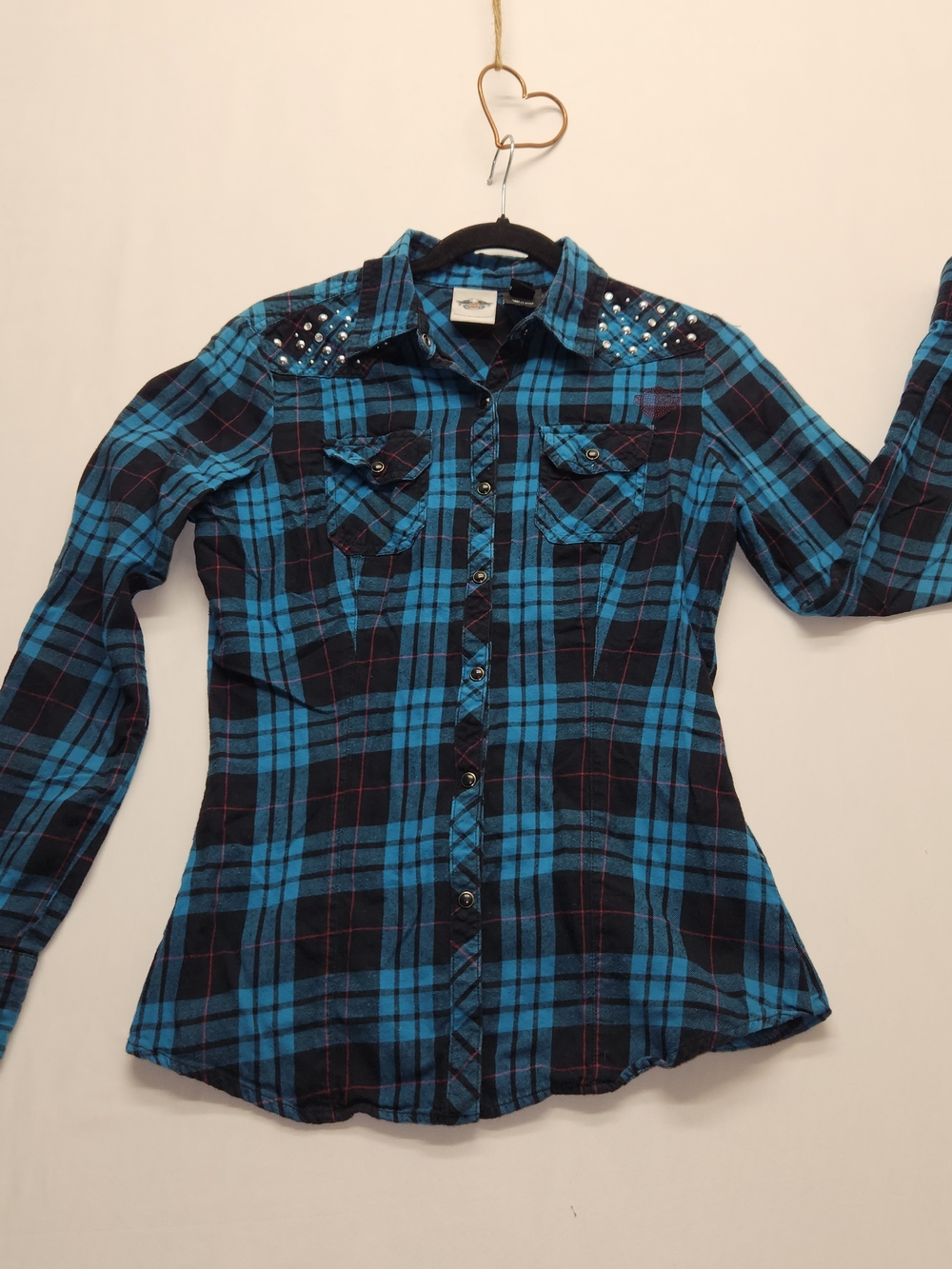 ⭐ Harley-Davidson Studded Plaid Flannel Biker Y2K Festival Streetwear Small Moto